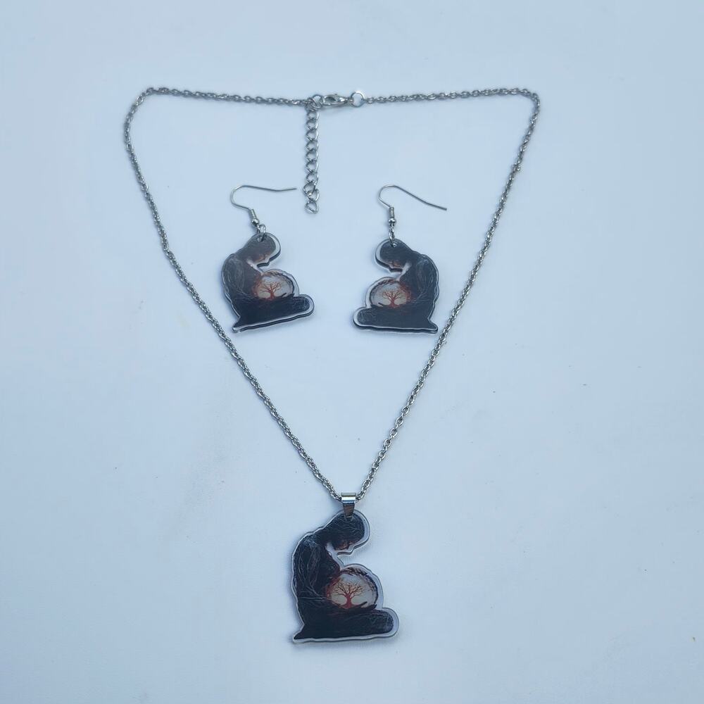 Pregnant Mother Tree Life Acrylic Necklace Earrings Silver Tone Maternity Set